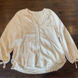 aerie Cream and Beige Striped Button-Down Gauze Shirt